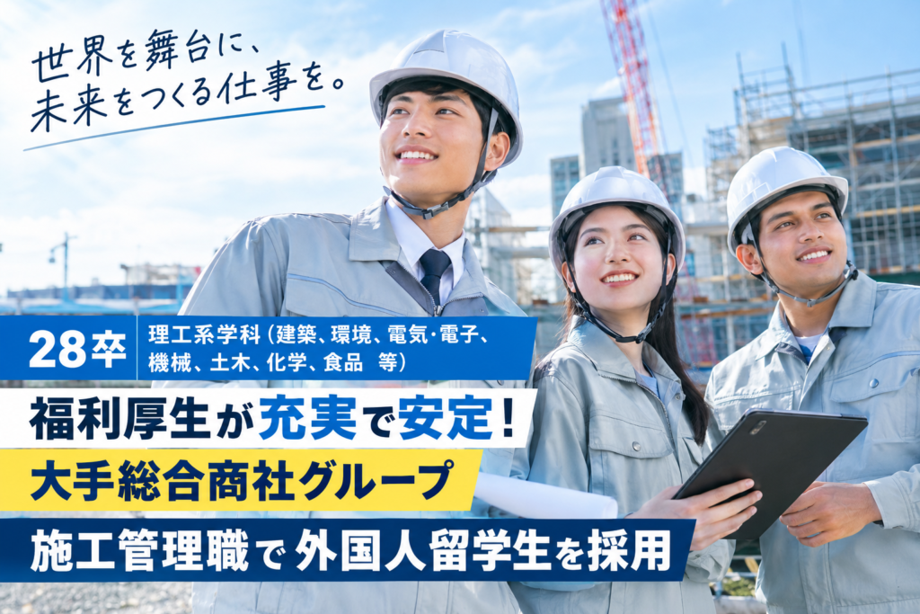 28卒【理工系学科(建築、環境、電気・電子、機械、土木、化学、食品等)】福利厚生が充実で安定!大手総合商社グループ 施工管理職で外国人留学生を採用
