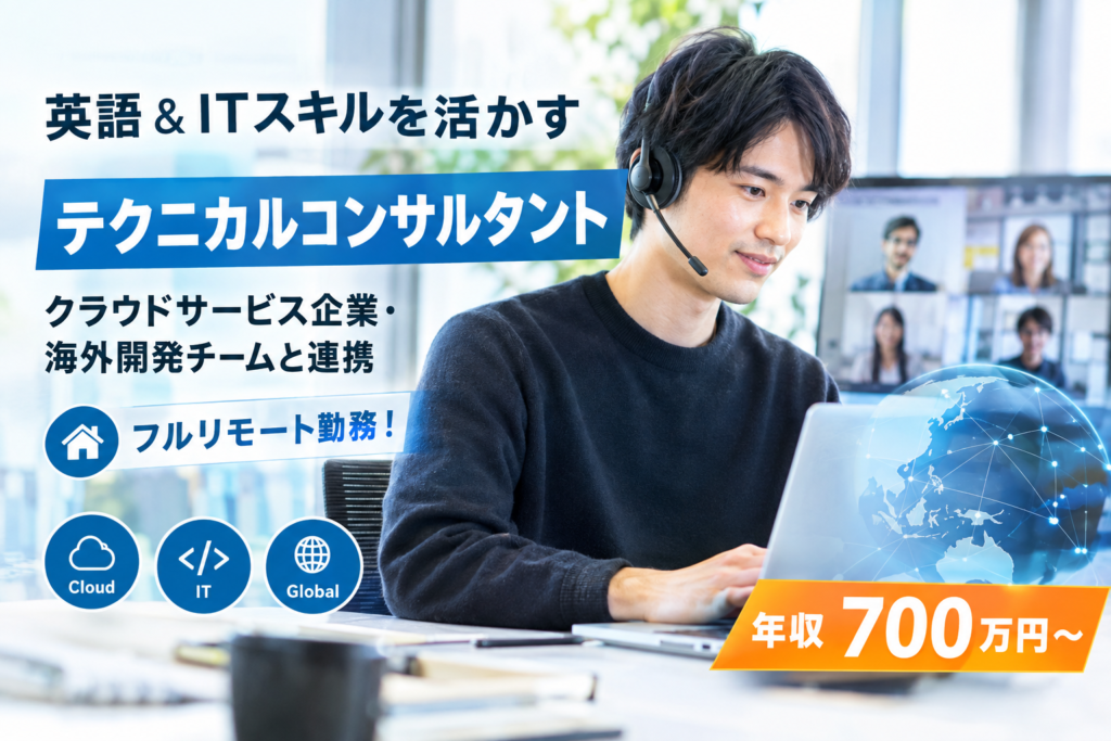 英語＆ITスキルを活かす【テクニカルコンサルタント】クラウドサービス企業・海外開発チームと連携＠フルリモート勤務！年収700万円～
