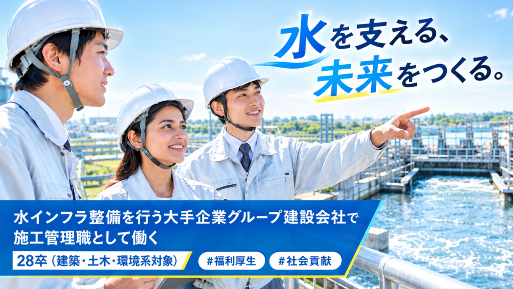 28卒【建築・土木系対象】水インフラ整備を行う大手グループ建設会社/福利厚生充実の環境で施工管理職として社会貢献!外国人留学生を採用
