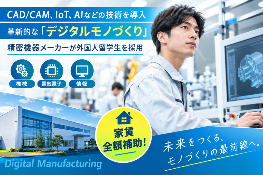 28卒【機械・電気電子・情報系】CAD/CAM、IoT、AIなどの技術を導入・革新的な「デジタルモノづくり」精密機器メーカーが外国人留学生を採用/家賃全額補助!