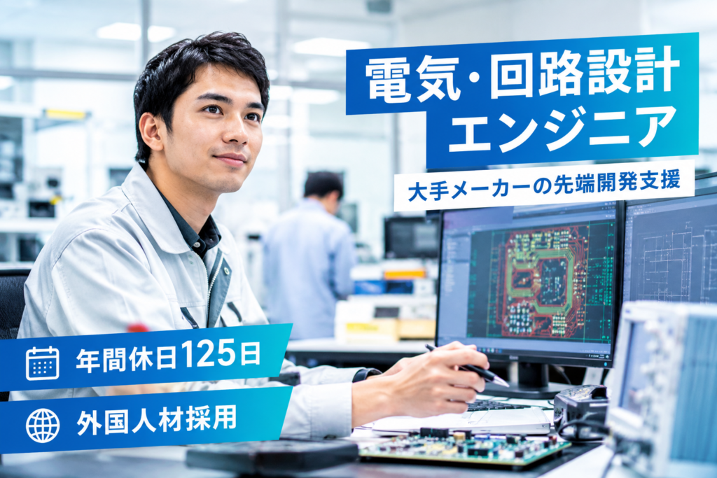 【電気・回路設計エンジニア】大手メーカーの先端開発支援／年間休日125日 外国人材採用